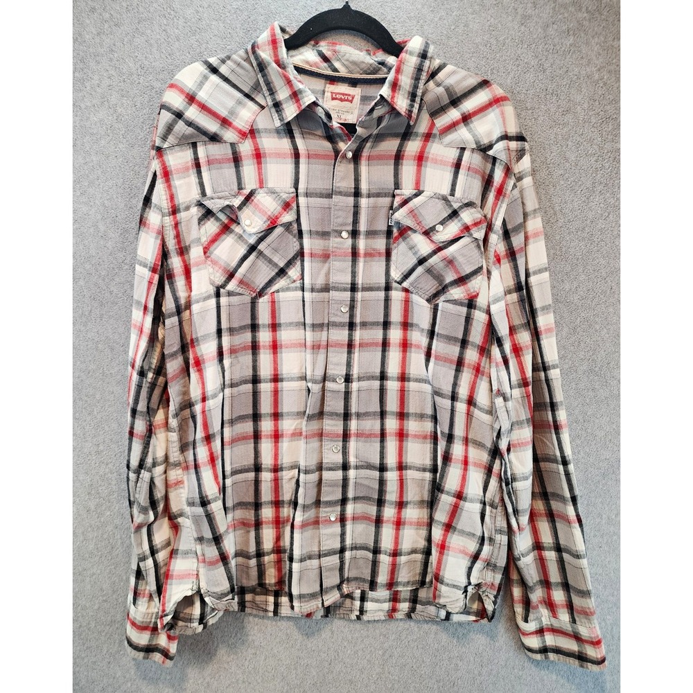 Vintage Levi's Pearl Snap Western Cowboy Plaid Long Sleeved Shirt Mens Size L